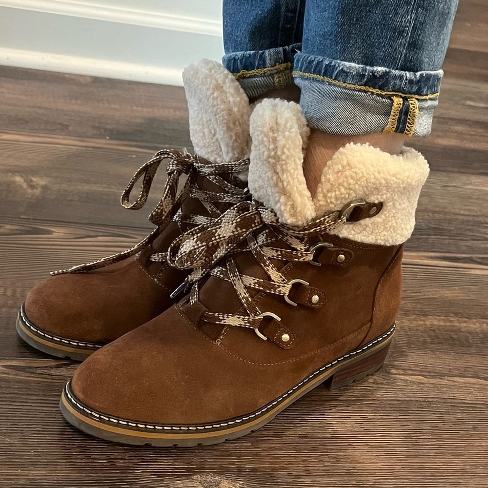 Blondo Brown Suede Shearling-Cuff Lace-Up Ankle Boots